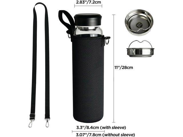 32 oz Clear Glass Water Bottles with Black Stainless Steel Lid - Wide Mouth Water Bottle with Sleeve and Strap (Black)