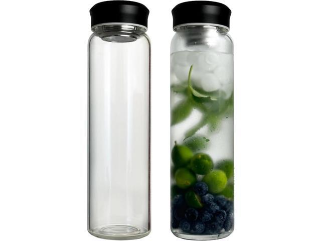 32 oz Clear Glass Water Bottles with Black Stainless Steel Lid - Wide Mouth Water Bottle with Sleeve and Strap (Black)