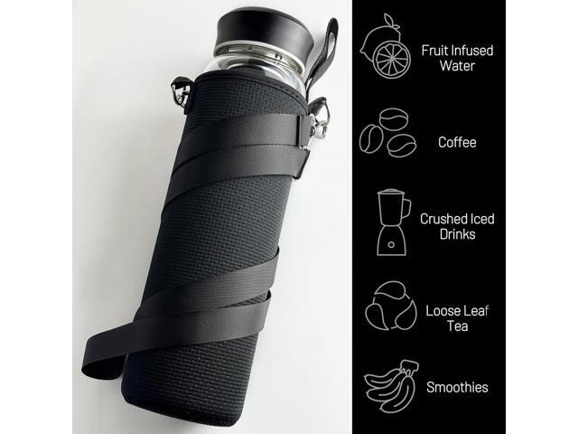 32 oz Clear Glass Water Bottles with Black Stainless Steel Lid - Wide Mouth Water Bottle with Sleeve and Strap (Black)