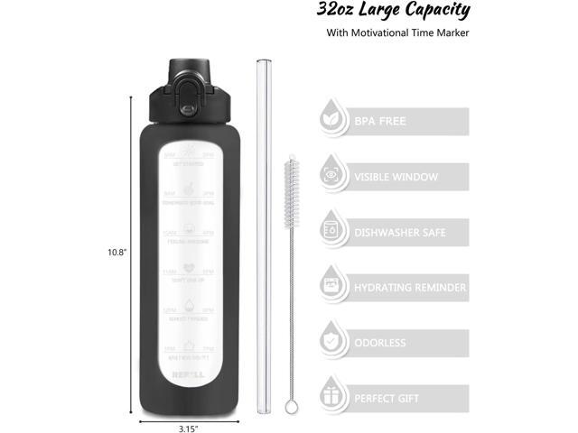 Nefeeko 32 oz Glass Water Bottles with Straw, Time Marker, Motivational 1 Liter BPA FREE Leakproof Reusable Glass Water Bottle with Silicone...