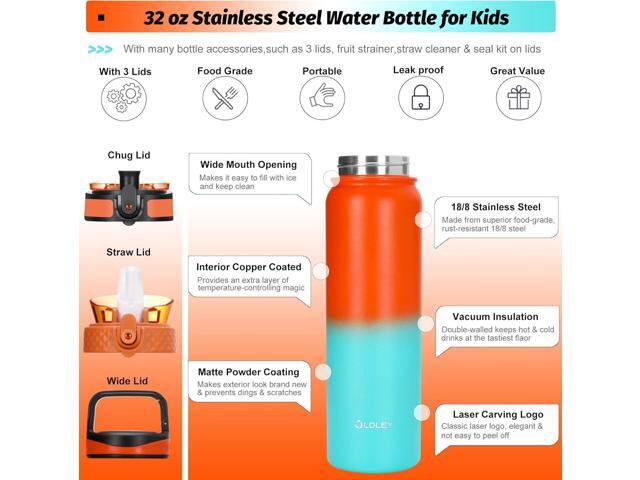 Oldley Insulated Water Bottle with Straw 32oz Stainless Steel Water Bottles with 3 lids Double-Wall Vacuum Thermal for Kids Adults School Sports,...