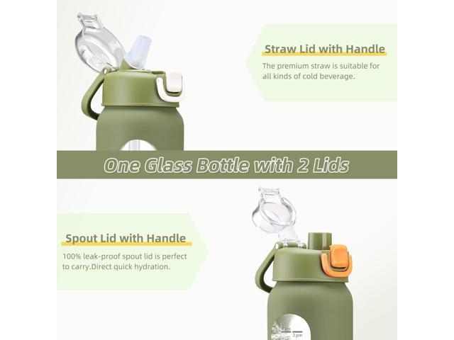 32 oz Glass Water Bottles with 2 Lids-Handle Spout Lid & Straw Lid, 1 Liter Motivational Borosilicate Water Bottle with Time Marker and Silicone...