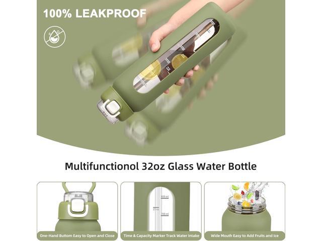 32 oz Glass Water Bottles with 2 Lids-Handle Spout Lid & Straw Lid, 1 Liter Motivational Borosilicate Water Bottle with Time Marker and Silicone...