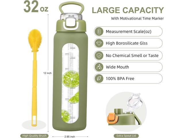 32 oz Glass Water Bottles with 2 Lids-Handle Spout Lid & Straw Lid, 1 Liter Motivational Borosilicate Water Bottle with Time Marker and Silicone...