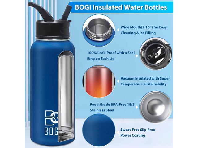 BOGI Insulated Water Bottle 32 oz, Double Wall Vacuum Stainless Steel Water Bottle with Straw and 3 Lids, Sweat-Proof Wide Mouth Metal Water Bottle...