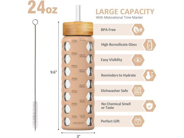 MUKOKO 24oz Glass Water Bottle with 2 Lids-Handle Flip Lid & Bamboo Straw Lid,Motivational Water Tumbler with Time Marker Reminder and Silicone...