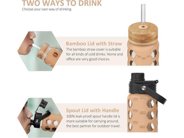 MUKOKO 24oz Glass Water Bottle with 2 Lids-Handle Flip Lid & Bamboo Straw Lid,Motivational Water Tumbler with Time Marker Reminder and Silicone...