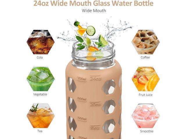 MUKOKO 24oz Glass Water Bottle with 2 Lids-Handle Flip Lid & Bamboo Straw Lid,Motivational Water Tumbler with Time Marker Reminder and Silicone...