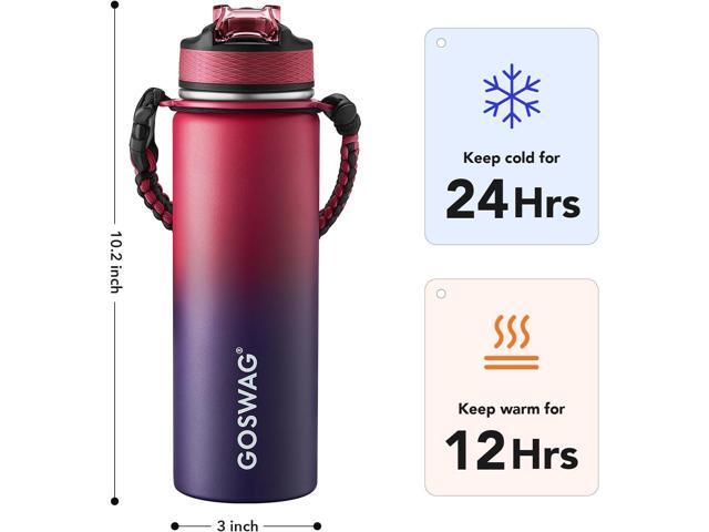 GOSWAG Insulated Sports Water Bottle, 24oz 2 Lids(with Straw/No Straw), Stainless Steel Water Bottles with Paracord Handle, Insulated Bottle with...