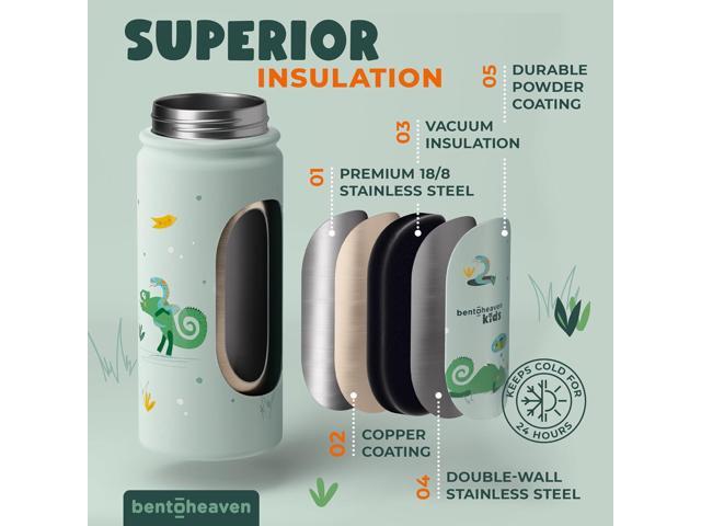 Bentoheaven Kids Water Bottle Stainless Steel for Boys & Girls, 2 Lids (Chug & Straw), Handle & Silicone Boot, Reusable Metal Leak-proof Insulated...