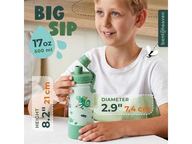 Bentoheaven Kids Water Bottle Stainless Steel for Boys & Girls, 2 Lids (Chug & Straw), Handle & Silicone Boot, Reusable Metal Leak-proof Insulated...