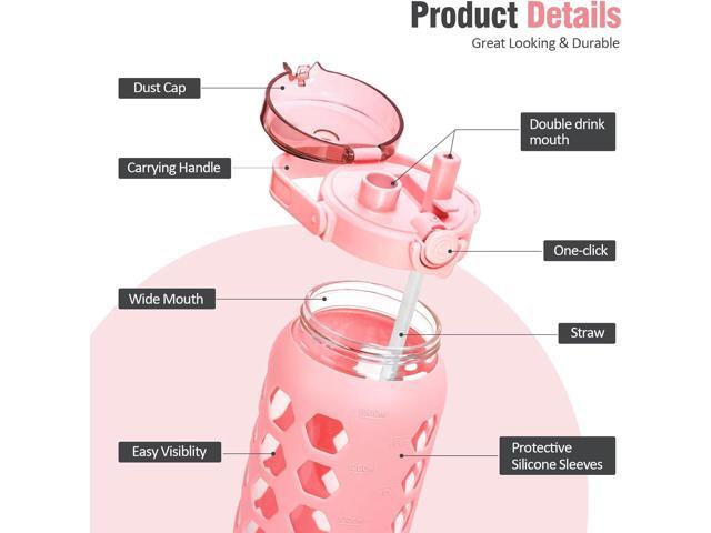 MUKOKO Half Gallon/64 oz Glass Water Bottles with Straw and Lid,Motivational Water Jug with Time Marker Reminder and Silicone Sleeve,100% Leakproof...