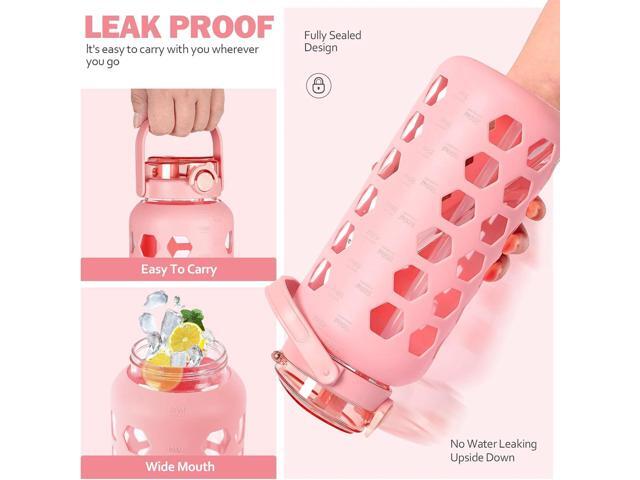 MUKOKO Half Gallon/64 oz Glass Water Bottles with Straw and Lid,Motivational Water Jug with Time Marker Reminder and Silicone Sleeve,100% Leakproof...