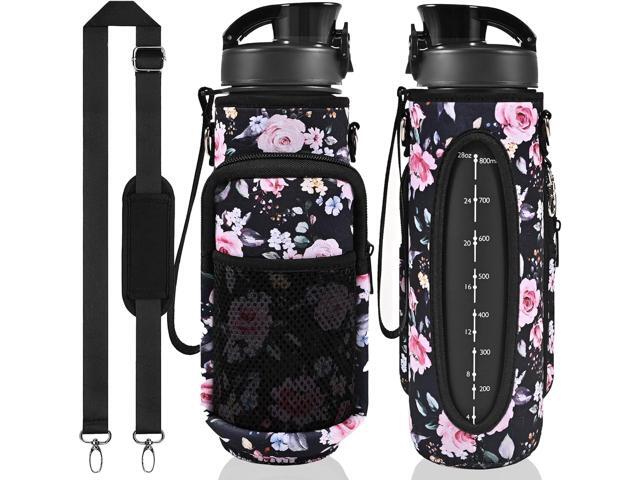 32 oz Water Bottle with Straw and Sleeve, Motivational Water Bottle with Time Marker and Adjustable Shoulder Strap, BPA Free Leakproof Sport Water...