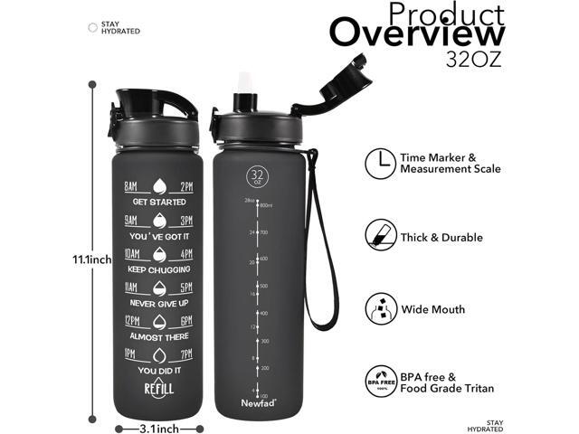 32 oz Water Bottle with Straw and Sleeve, Motivational Water Bottle with Time Marker and Adjustable Shoulder Strap, BPA Free Leakproof Sport Water...