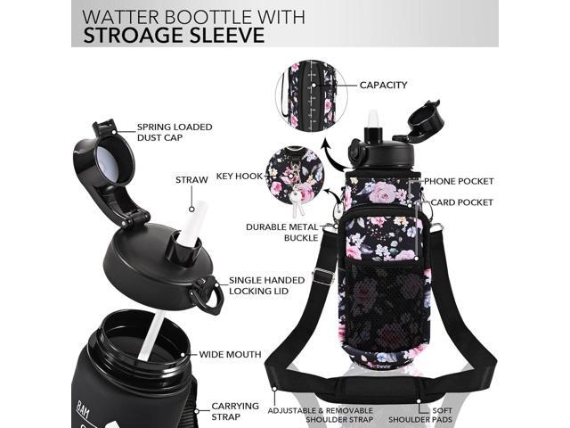 32 oz Water Bottle with Straw and Sleeve, Motivational Water Bottle with Time Marker and Adjustable Shoulder Strap, BPA Free Leakproof Sport Water...