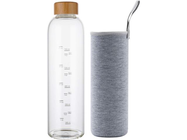 sunkey 32 oz Glass Water Bottle with Time Marker Bamboo Lid Neoprene Sleeve for to Go Travel Gym Home Reusable Eco Friendly Bpa Free (Gray)