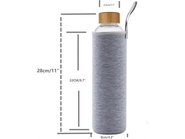 sunkey 32 oz Glass Water Bottle with Time Marker Bamboo Lid Neoprene Sleeve for to Go Travel Gym Home Reusable Eco Friendly Bpa Free (Gray)