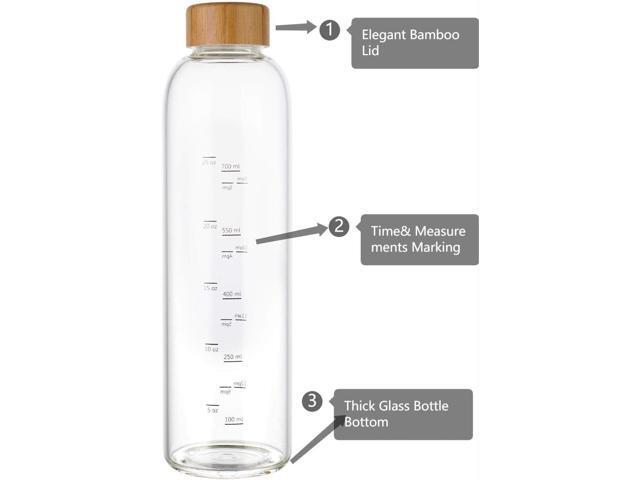 sunkey 32 oz Glass Water Bottle with Time Marker Bamboo Lid Neoprene Sleeve for to Go Travel Gym Home Reusable Eco Friendly Bpa Free (Gray)