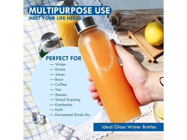 YEBODA Glass Water Bottles 18oz Bottles For Beverage and Juicer Use Stainless Steel Caps - Including Colorful Nylon Protection Sleeve,Pack Of 6