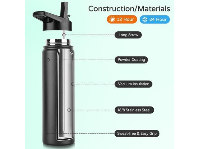 DOMICARE Insulated Water Bottle, 22 oz Vacuum Insulated Stainless Steel Reusable Sports Bottle with Straw Lid & Spout Lid for Travel, Camping,...