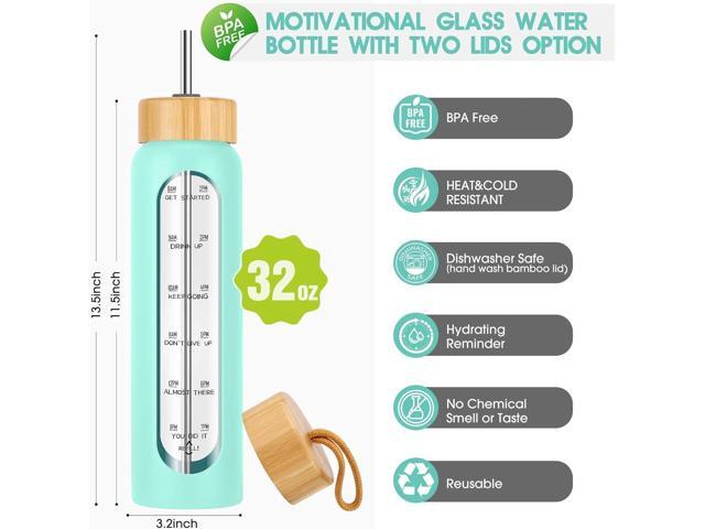 32 oz Glass Water Bottle with Straw - Motivational Time Marker & Silicone Sleeve - Reusable Tumbler Includes 2 Bamboo Lids & Fruit Infuser - 1 Pack