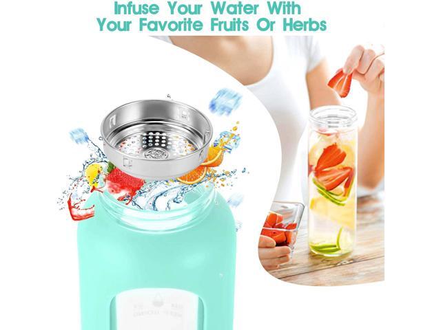32 oz Glass Water Bottle with Straw - Motivational Time Marker & Silicone Sleeve - Reusable Tumbler Includes 2 Bamboo Lids & Fruit Infuser - 1 Pack