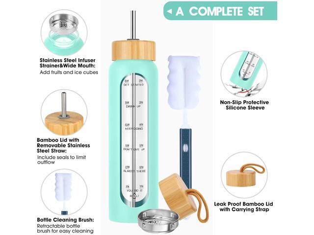 32 oz Glass Water Bottle with Straw - Motivational Time Marker & Silicone Sleeve - Reusable Tumbler Includes 2 Bamboo Lids & Fruit Infuser - 1 Pack