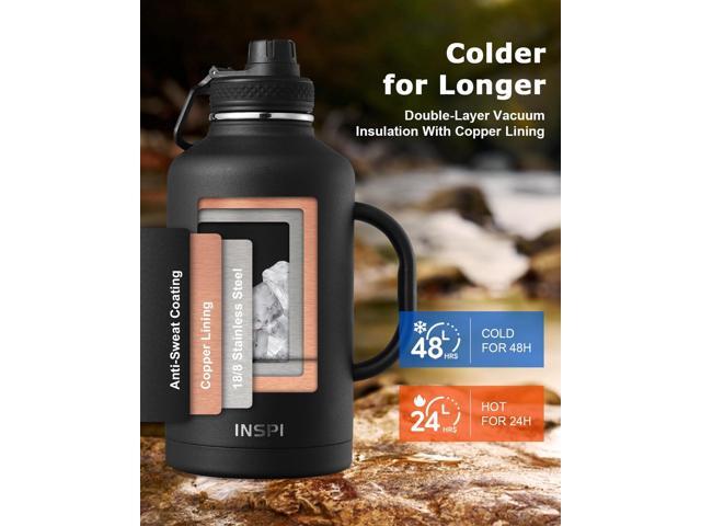 INSPI Insulated Water Bottle 64oz with Handle, Double Wall Vacuum Stainless Steel Water Bottles with Straw & 2 Lids, Half Gallon Metal Large Jug...