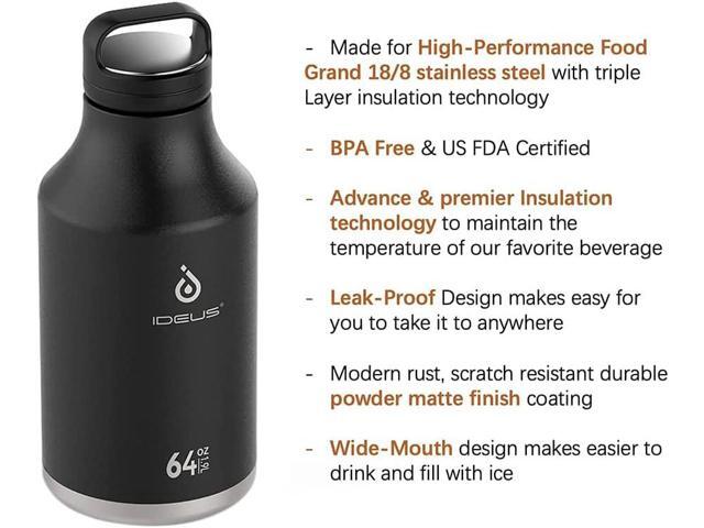 IDEUS Insulated Stainless Steel Water Bottle with 2 Leak-Proof Lids, Thermal Water Flask for Hiking Biking, 64oz, Black