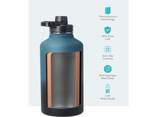 BUZIO 64 oz Water Bottle Insulated with Straw & 3 lid and Carrying Pouch, Leak Proof Half Gallon Stainless Steel Water Flask Jug, Cold for 48 Hrs...