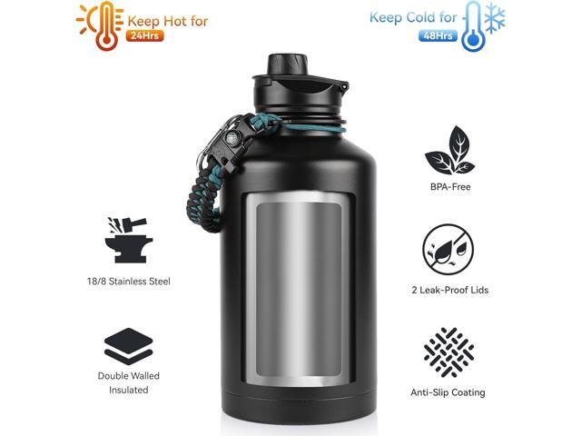 64 oz Insulated Water Bottle with Straw & Spout Lids, Stainless Steel Metal Half Gallon Water Jug with Paracord Handle, Double Wall Vacuum,...