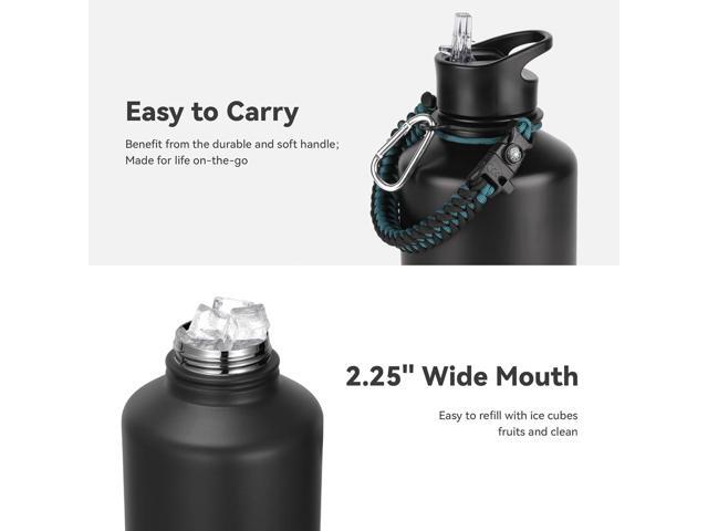 64 oz Insulated Water Bottle with Straw & Spout Lids, Stainless Steel Metal Half Gallon Water Jug with Paracord Handle, Double Wall Vacuum,...