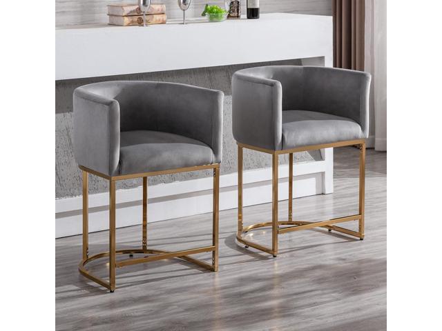 Contemporary Grey Velvet Bar Stools Set of 3, 24' Upholstered Fabric Counter Height Barstools Kitchen Counter Island Stools with Screwed Together...