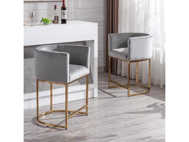 Contemporary Grey Velvet Bar Stools Set of 3, 24' Upholstered Fabric Counter Height Barstools Kitchen Counter Island Stools with Screwed Together...