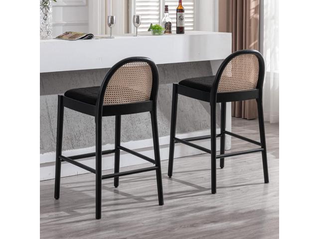 LukeAlon Modern Sherpa Bar Stools Set of 2, 29' Seat Height Tall Bar Chairs with Wooden Legs Natural Rattan Cane Back Bar Height Counter Stools...