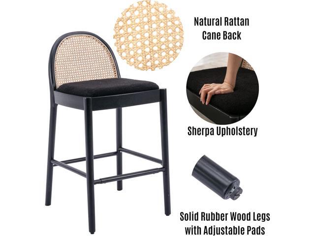 LukeAlon Modern Sherpa Bar Stools Set of 2, 29' Seat Height Tall Bar Chairs with Wooden Legs Natural Rattan Cane Back Bar Height Counter Stools...
