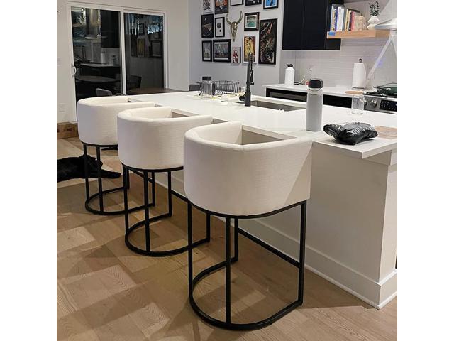 Modern Counter Height Linen Fabric Cream Upholstered Counter Stool, 29 Inch Kitchen Island Stool with Black Tubular Frame