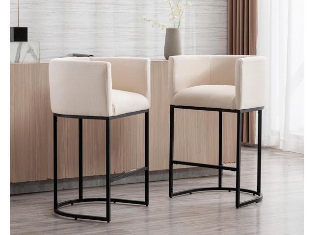 Modern Counter Height Linen Fabric Cream Upholstered Counter Stool, 29 Inch Kitchen Island Stool with Black Tubular Frame