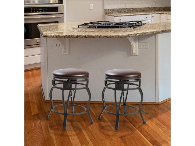 eHemco Swivel Metal Barstool with Faux Leather Seat, 24 Inches, Black, Set of 2