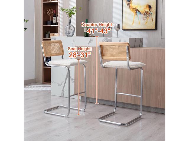 ONEVOG Boucle Rattan Bar Stools Set of 2, 29'' Bar Height Stools with Natural Cane Back, Solid Wood Frame Bar Chairs with Chrome Legs, Cantilevered...