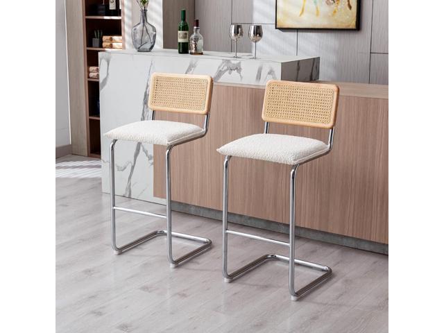 ONEVOG Boucle Rattan Bar Stools Set of 2, 29'' Bar Height Stools with Natural Cane Back, Solid Wood Frame Bar Chairs with Chrome Legs, Cantilevered...