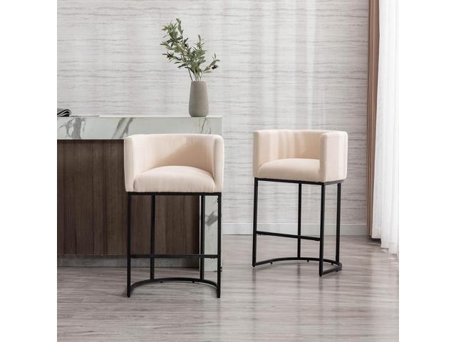 Contemporary Cream Linen Bar Stools Set of 3, 29' Upholstered Fabric Counter Height Barstools Kitchen Counter Island Stools with Black Metal Base