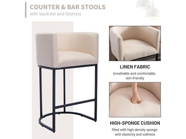 Contemporary Cream Linen Bar Stools Set of 3, 29' Upholstered Fabric Counter Height Barstools Kitchen Counter Island Stools with Black Metal Base