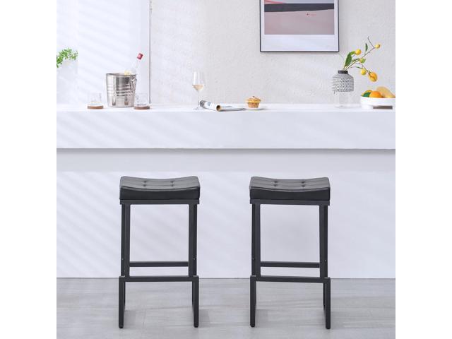 Bar Stools Set of 2, 28' Counter Height Bar Stools, Faux Leather Barstools for Kitchen Island, Backless Saddle Stools with Metal Legs (Black, 2PCS...