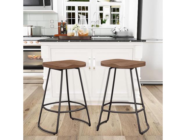 Awonde 24' Swivel Bar Stools Set of 2 Industrial Backless Bartsools Metal Counter Height Stools with Wood Top Matte Black
