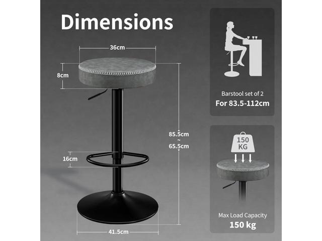 Adjustable Bar Stools Set of 2 Backless Kitchen Barstools with Round Seat 360° Swivel Counter Height Bar Stools Modern Microfiber Leather Bar...