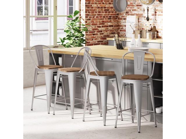 24' Swivel Metal Bar Stools Set of 4 Counter Height Bar Chairs Industrial High Back Barstools with Large Wooden Seat Silver