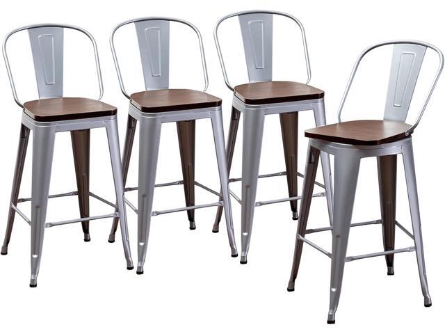 24' Swivel Metal Bar Stools Set of 4 Counter Height Bar Chairs Industrial High Back Barstools with Large Wooden Seat Silver