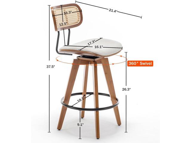 26' Rattan Bar Stools Set of 4, Beige Linen Fabric Counter Height Swivel Barstools with Rattan Backrest and Wooden Legs,Armless Mid Century Modern...